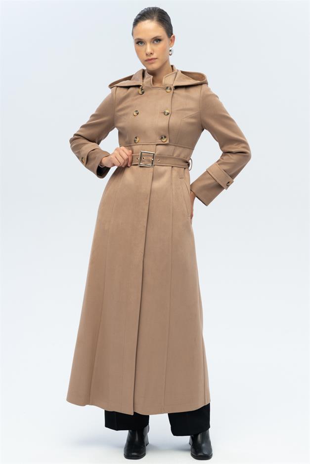 Kapüşonlu Garni Detaylı Süet Görünümlü Pardesü K. KAMEL 6677