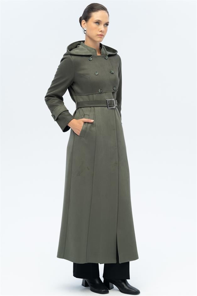 Kapüşonlu Garni Detaylı Süet Görünümlü Pardesü A.HAKİ 6677