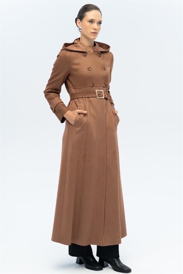 Kapüşonlu Garni Detaylı Süet Görünümlü Pardesü TABA 6677