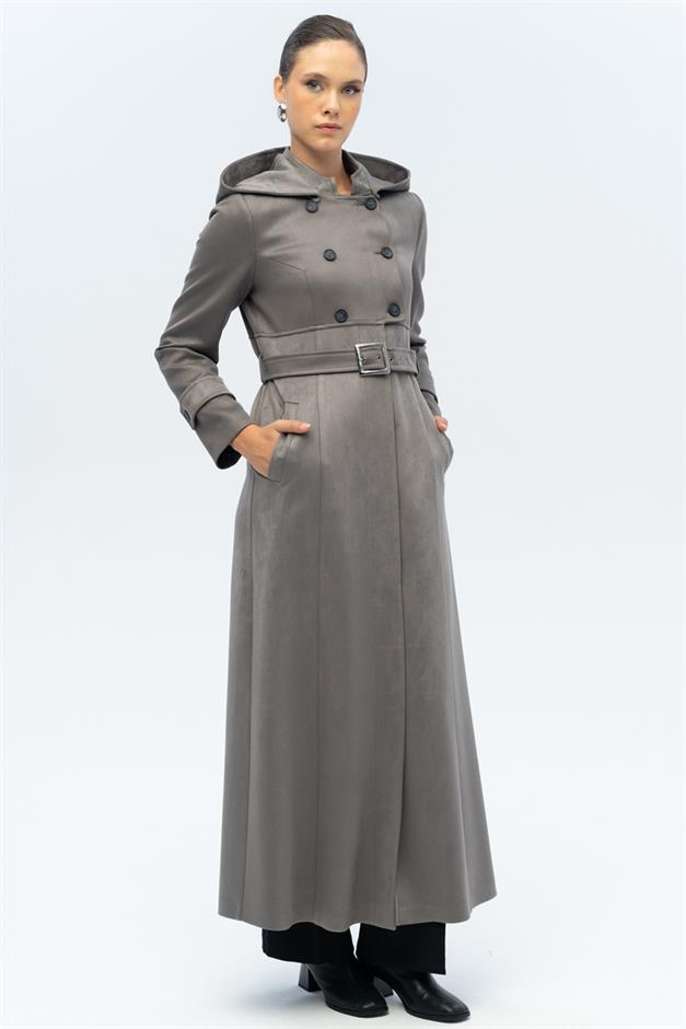 Kapüşonlu Garni Detaylı Süet Görünümlü Pardesü GRİ 6677