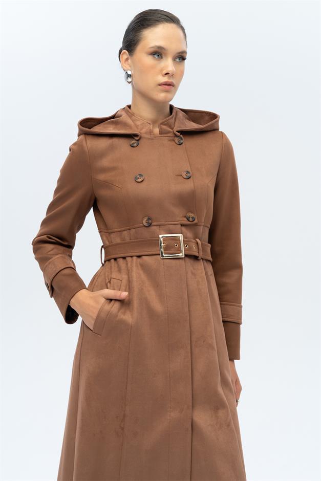 Kapüşonlu Garni Detaylı Süet Görünümlü Pardesü TABA 6677