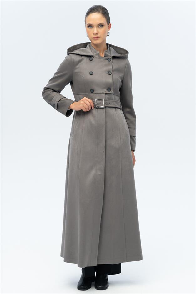 Kapüşonlu Garni Detaylı Süet Görünümlü Pardesü GRİ 6677