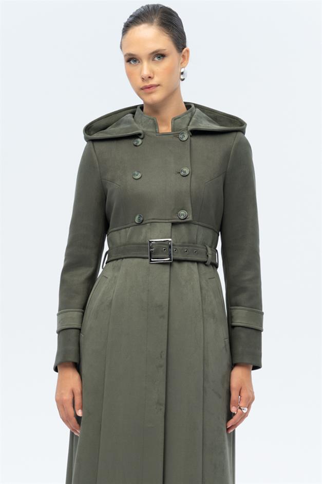 Kapüşonlu Garni Detaylı Süet Görünümlü Pardesü A.HAKİ 6677