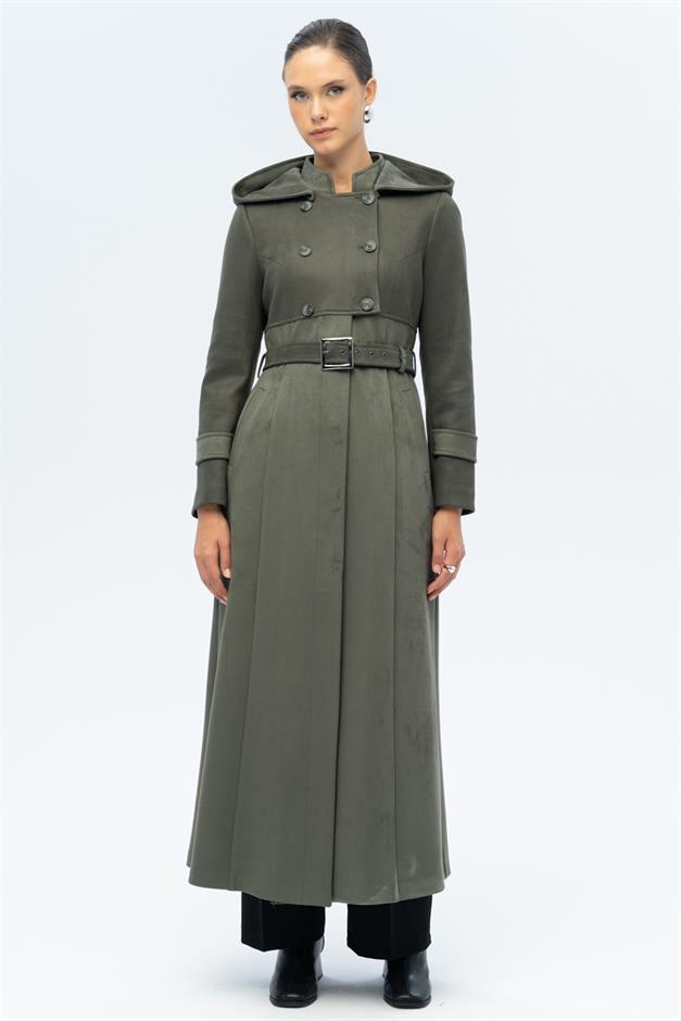 Kapüşonlu Garni Detaylı Süet Görünümlü Pardesü A.HAKİ 6677