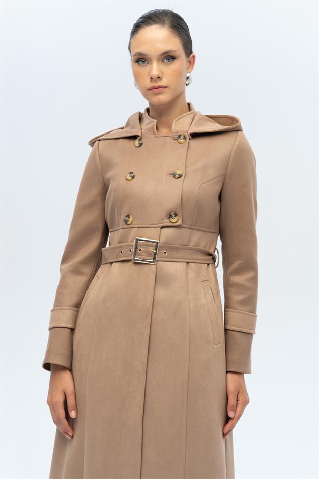 Kapüşonlu Garni Detaylı Süet Görünümlü Pardesü K. KAMEL 6677