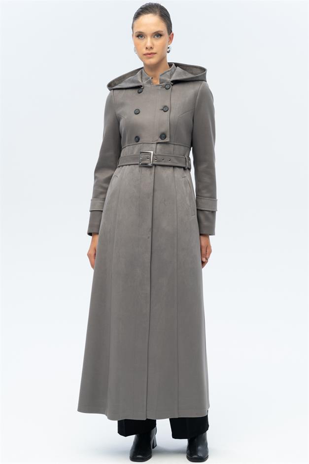 Kapüşonlu Garni Detaylı Süet Görünümlü Pardesü GRİ 6677