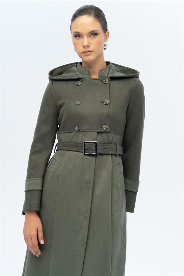 Kapüşonlu Garni Detaylı Süet Görünümlü Pardesü A.HAKİ 6677