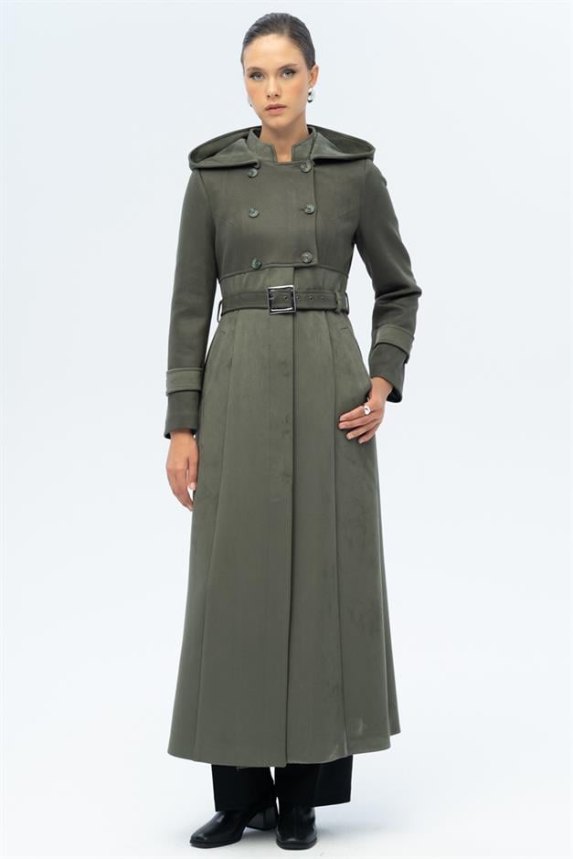 Kapüşonlu Garni Detaylı Süet Görünümlü Pardesü A.HAKİ 6677