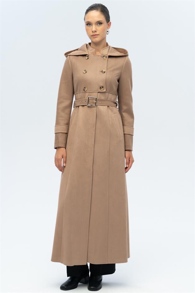 Kapüşonlu Garni Detaylı Süet Görünümlü Pardesü K. KAMEL 6677