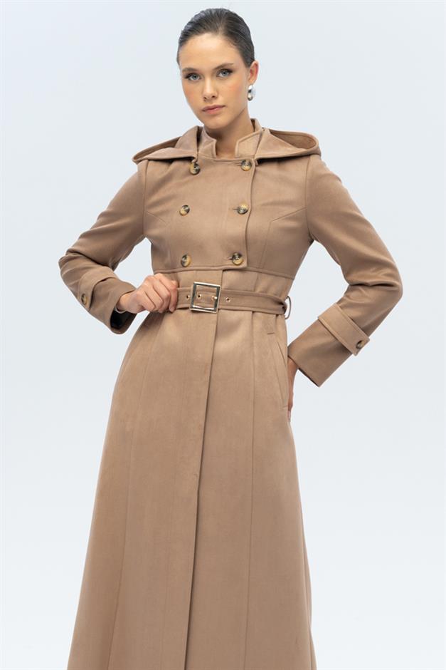 Kapüşonlu Garni Detaylı Süet Görünümlü Pardesü K. KAMEL 6677