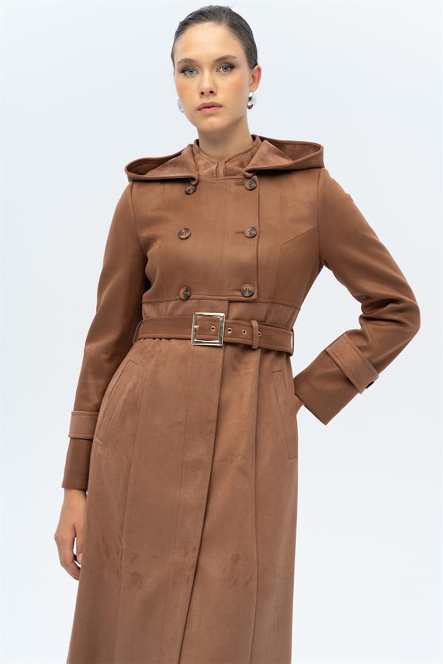 Kapüşonlu Garni Detaylı Süet Görünümlü Pardesü TABA 6677