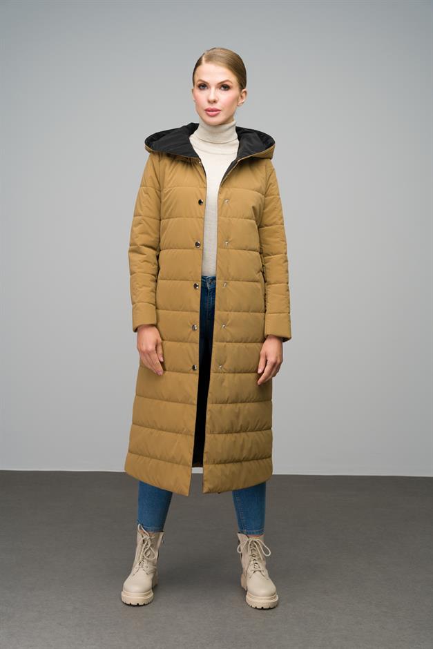 Hooded Garni Detailed Long Quilted Coat CAMEL 6662