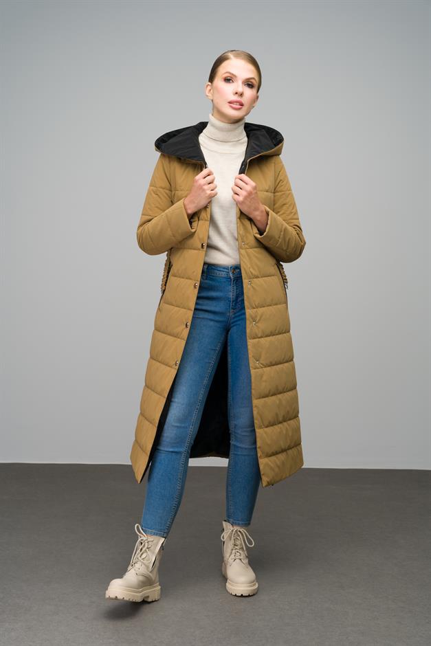 Hooded Garni Detailed Long Quilted Coat CAMEL 6662