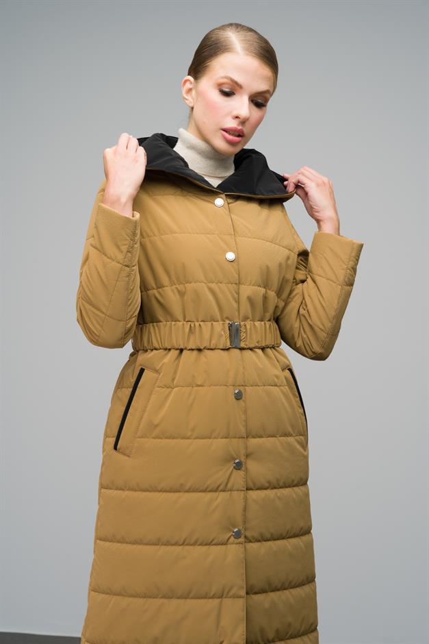 Hooded Garni Detailed Long Quilted Coat CAMEL 6662