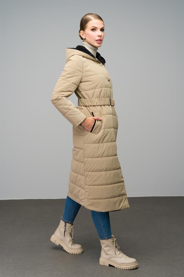 Hooded Garni Detailed Long Quilted Coat IVORY 6662