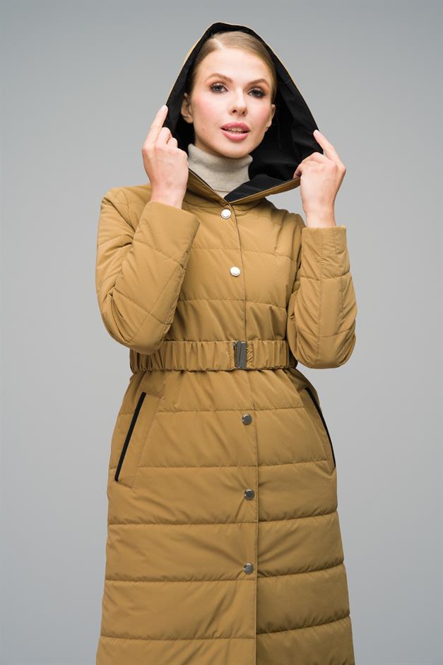Hooded Garni Detailed Long Quilted Coat CAMEL 6662