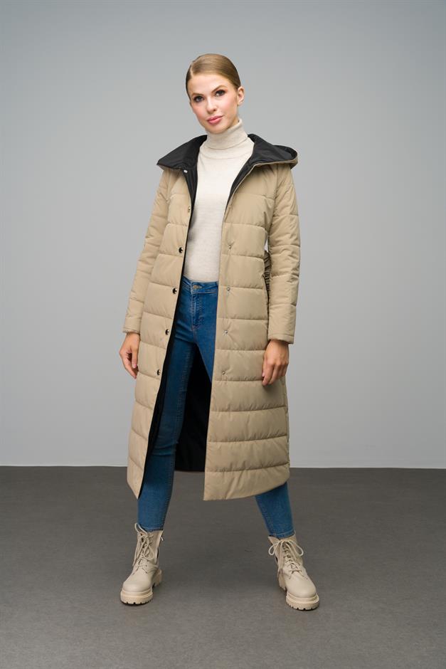 Hooded Garni Detailed Long Quilted Coat IVORY 6662