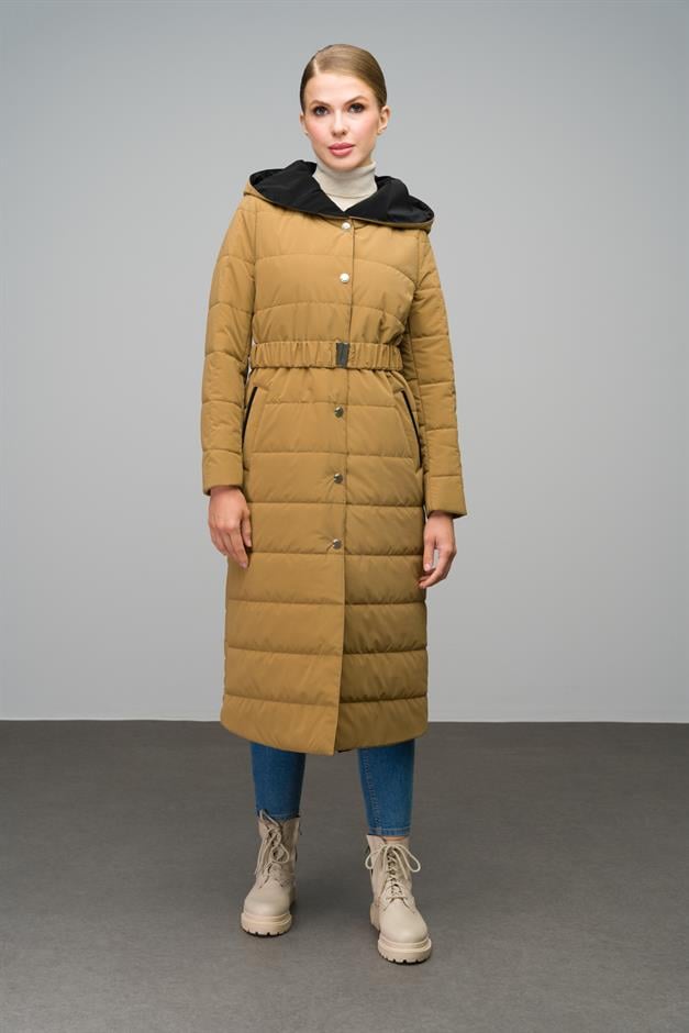 Hooded Garni Detailed Long Quilted Coat CAMEL 6662