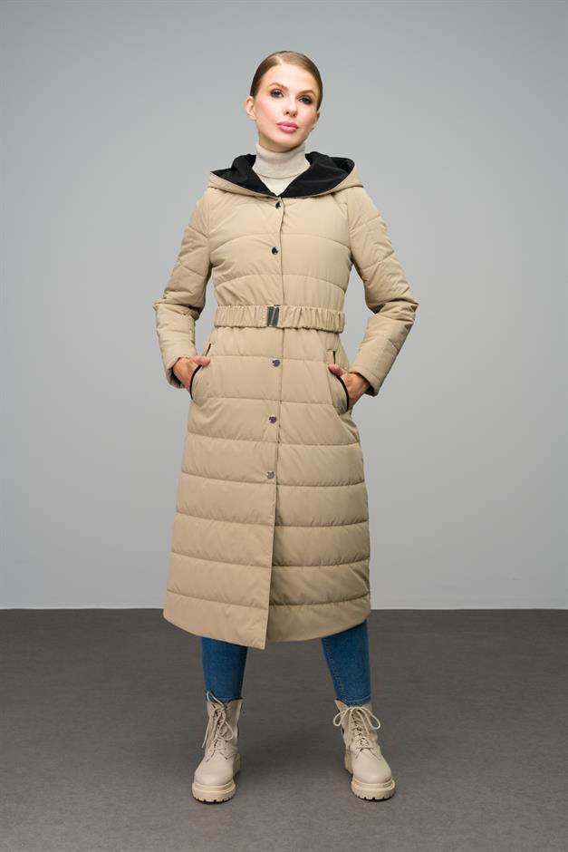 Hooded Garni Detailed Long Quilted Coat IVORY 6662