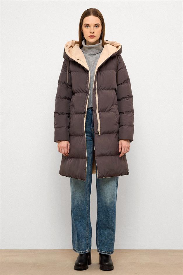 سترة منفوخة بغطاء رأس بلونين على الوجهين حجر رمادي 5371