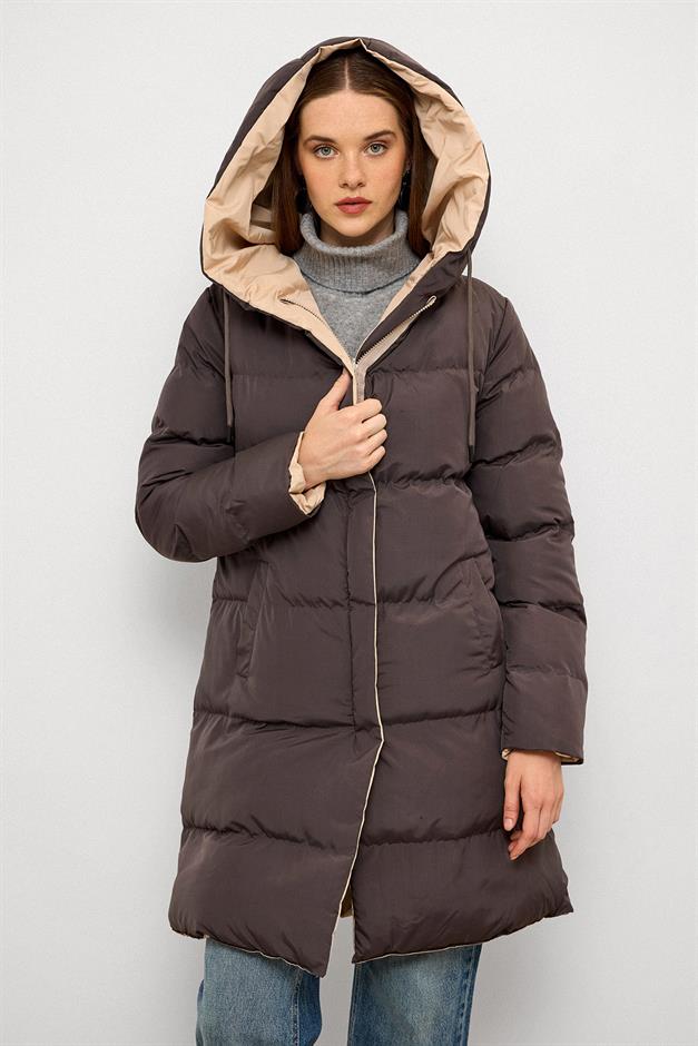 سترة منفوخة بغطاء رأس بلونين على الوجهين حجر رمادي 5371