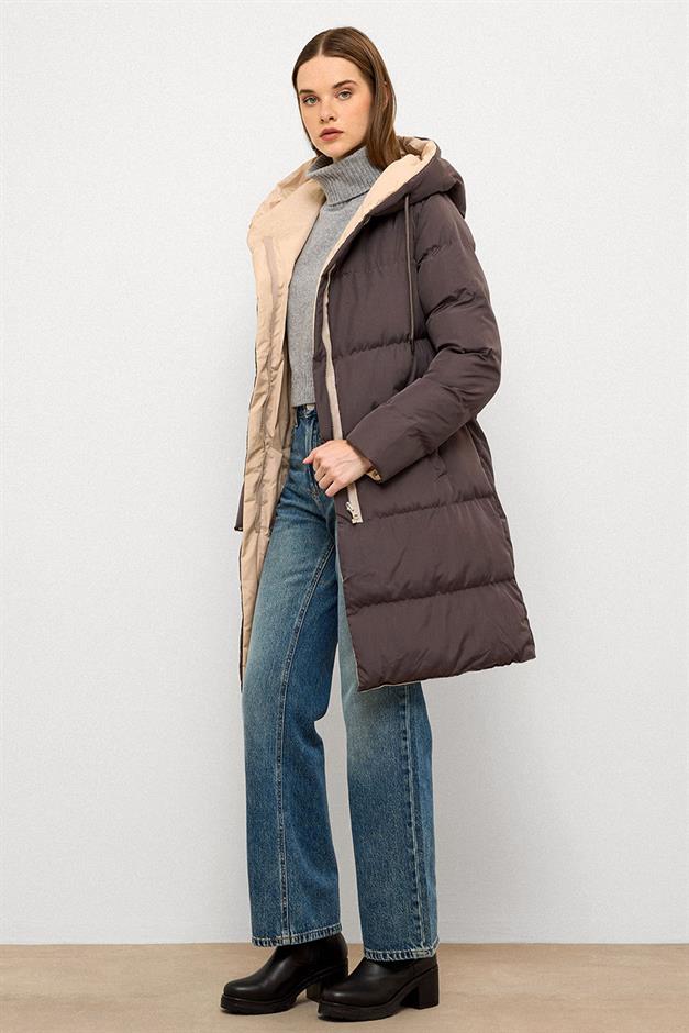 سترة منفوخة بغطاء رأس بلونين على الوجهين حجر رمادي 5371