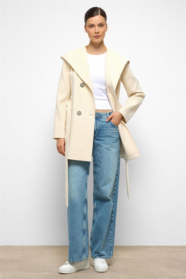 معطف قصير مزدوج الصدر بغطاء للرأس وحدة التحكم الإلكترونية 3103