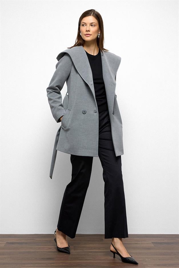 معطف قصير مزدوج الصدر بغطاء للرأس رمادي 3103