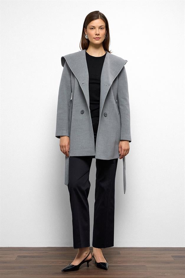 معطف قصير مزدوج الصدر بغطاء للرأس رمادي 3103