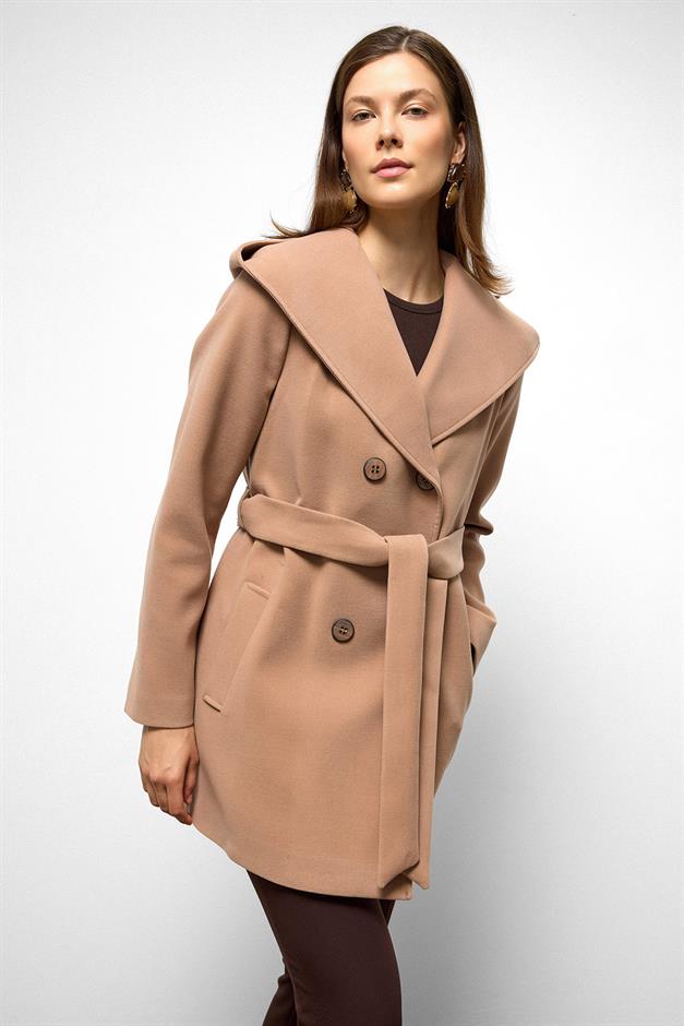 معطف قصير مزدوج الصدر بغطاء للرأس كامل 3103