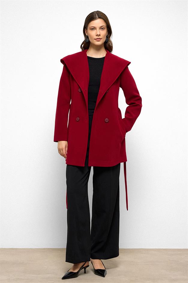 معطف قصير مزدوج الصدر بغطاء للرأس أحمر 3103