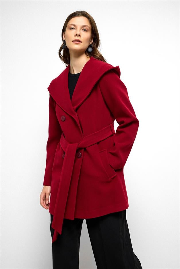 معطف قصير مزدوج الصدر بغطاء للرأس أحمر 3103