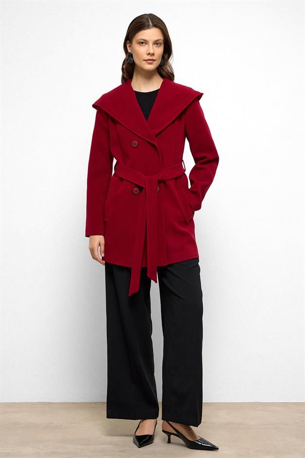 معطف قصير مزدوج الصدر بغطاء للرأس أحمر 3103