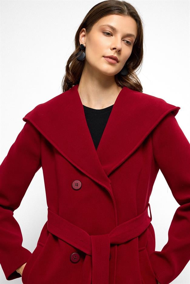 معطف قصير مزدوج الصدر بغطاء للرأس أحمر 3103