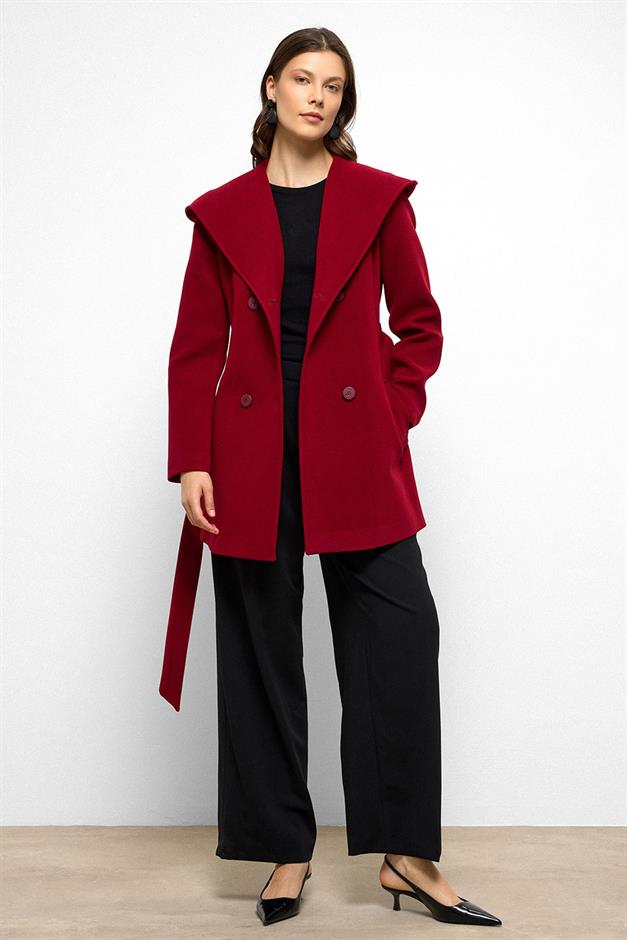 معطف قصير مزدوج الصدر بغطاء للرأس أحمر 3103