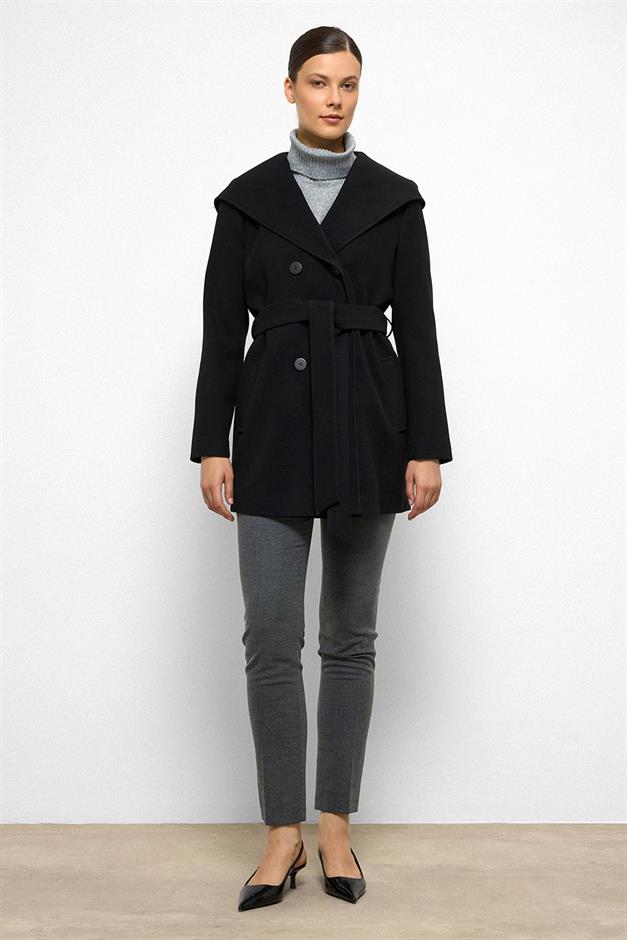 معطف قصير مزدوج الصدر بغطاء للرأس أسود 3103