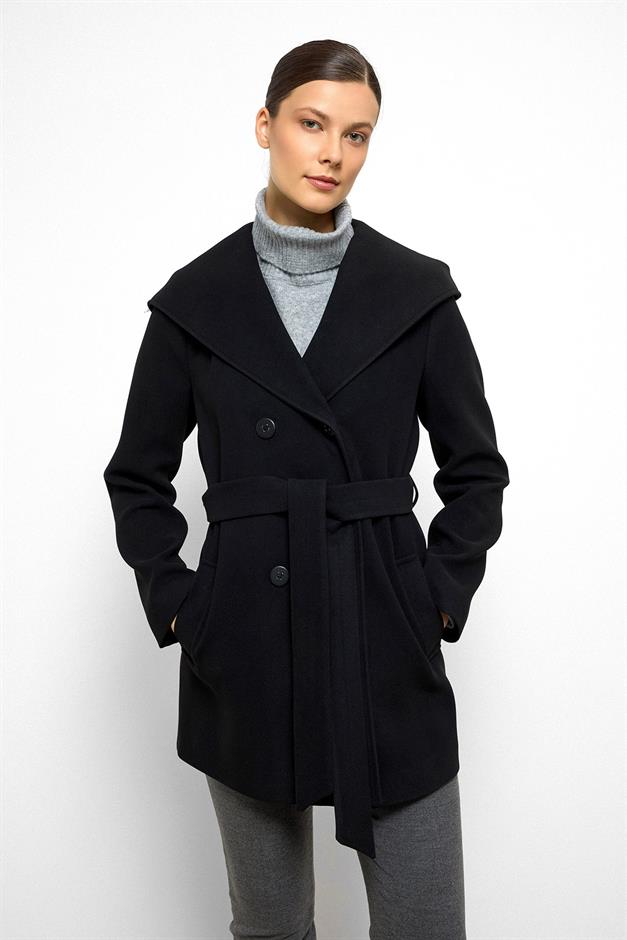 معطف قصير مزدوج الصدر بغطاء للرأس أسود 3103