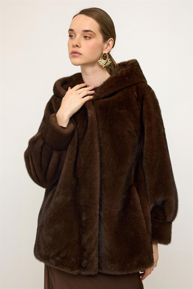 جاكيت طويل حصري بغطاء رأس ومظهر فرو القهوة السوداء 1008