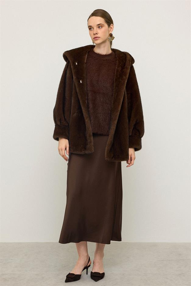 جاكيت طويل حصري بغطاء رأس ومظهر فرو القهوة السوداء 1008