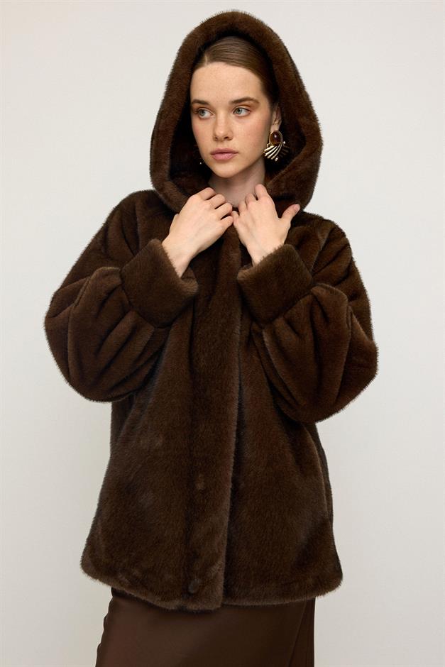 جاكيت طويل حصري بغطاء رأس ومظهر فرو القهوة السوداء 1008