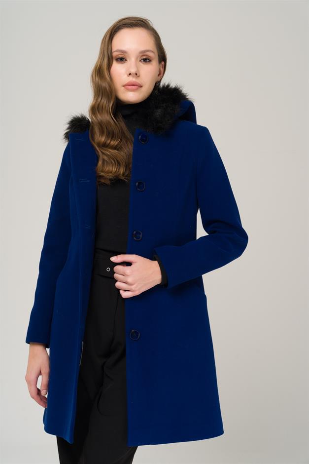 Hooded Fur Waist-Tied Coat SAXE 3986