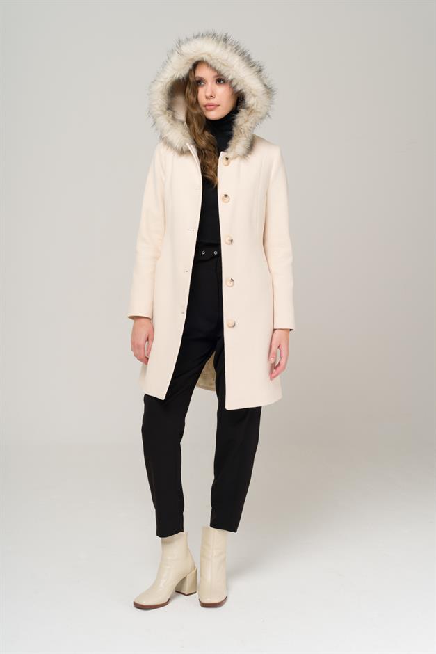 Hooded Fur Waist-Tied Coat IVORY 3986