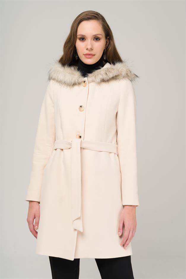 Hooded Fur Waist-Tied Coat IVORY 3986