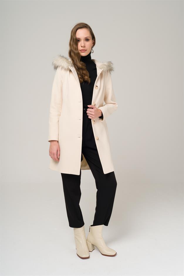 Hooded Fur Waist-Tied Coat IVORY 3986