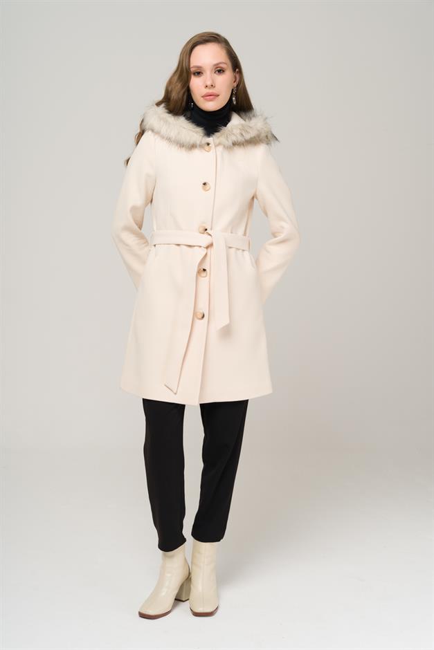 Hooded Fur Waist-Tied Coat IVORY 3986