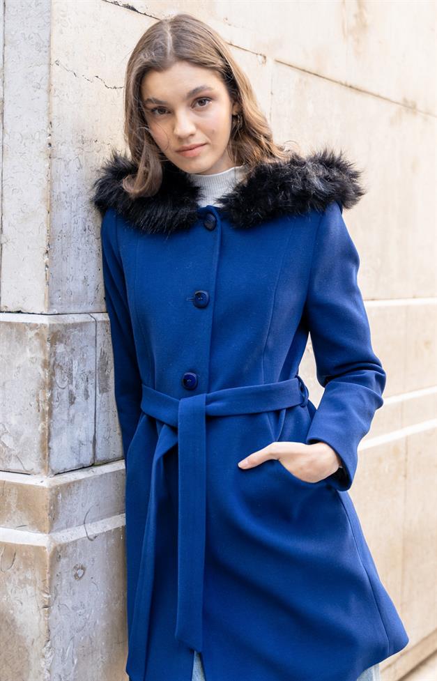 Hooded Fur Waist-Tied Coat SAXE 3986
