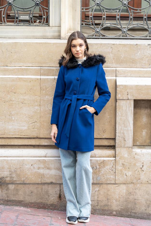 Hooded Fur Waist-Tied Coat SAXE 3986