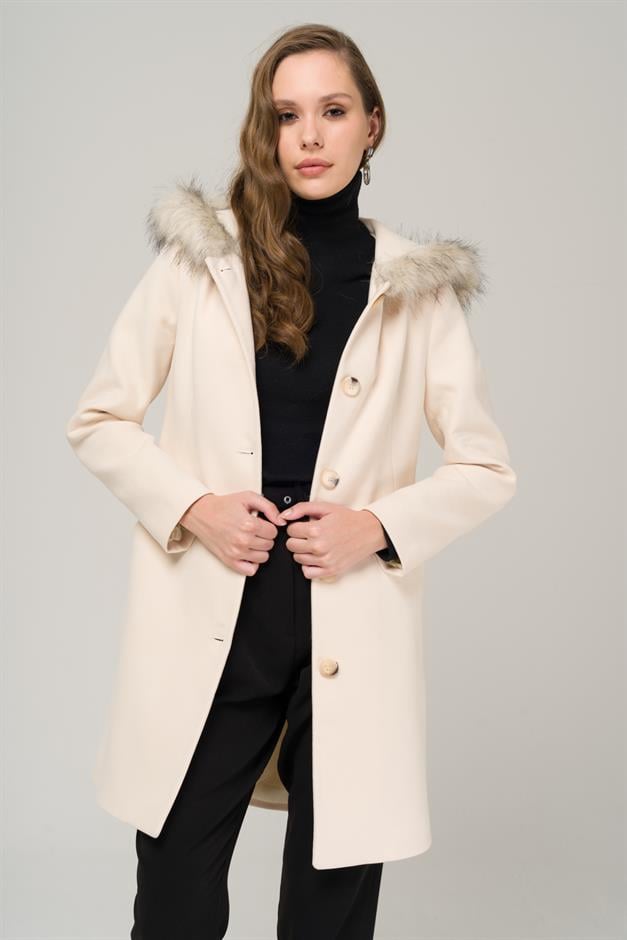 Hooded Fur Waist-Tied Coat IVORY 3986
