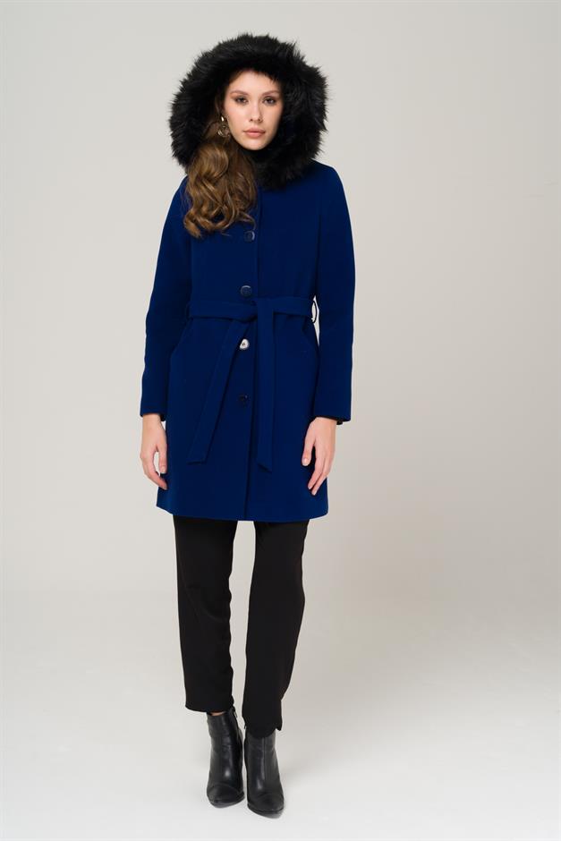 Hooded Fur Waist-Tied Coat SAXE 3986