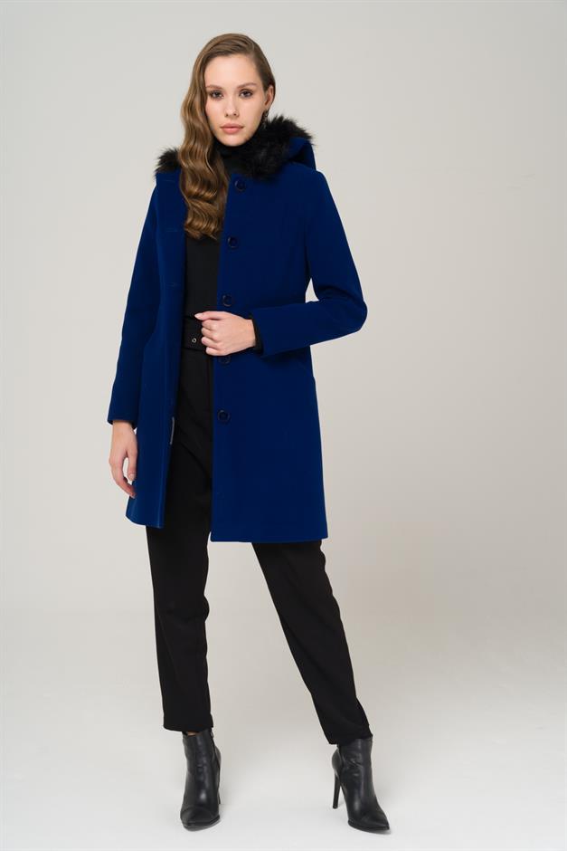 Hooded Fur Waist-Tied Coat SAXE 3986